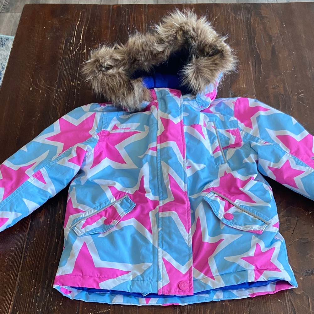 Boden Pink and Blue Star Jacket with Fur Trim